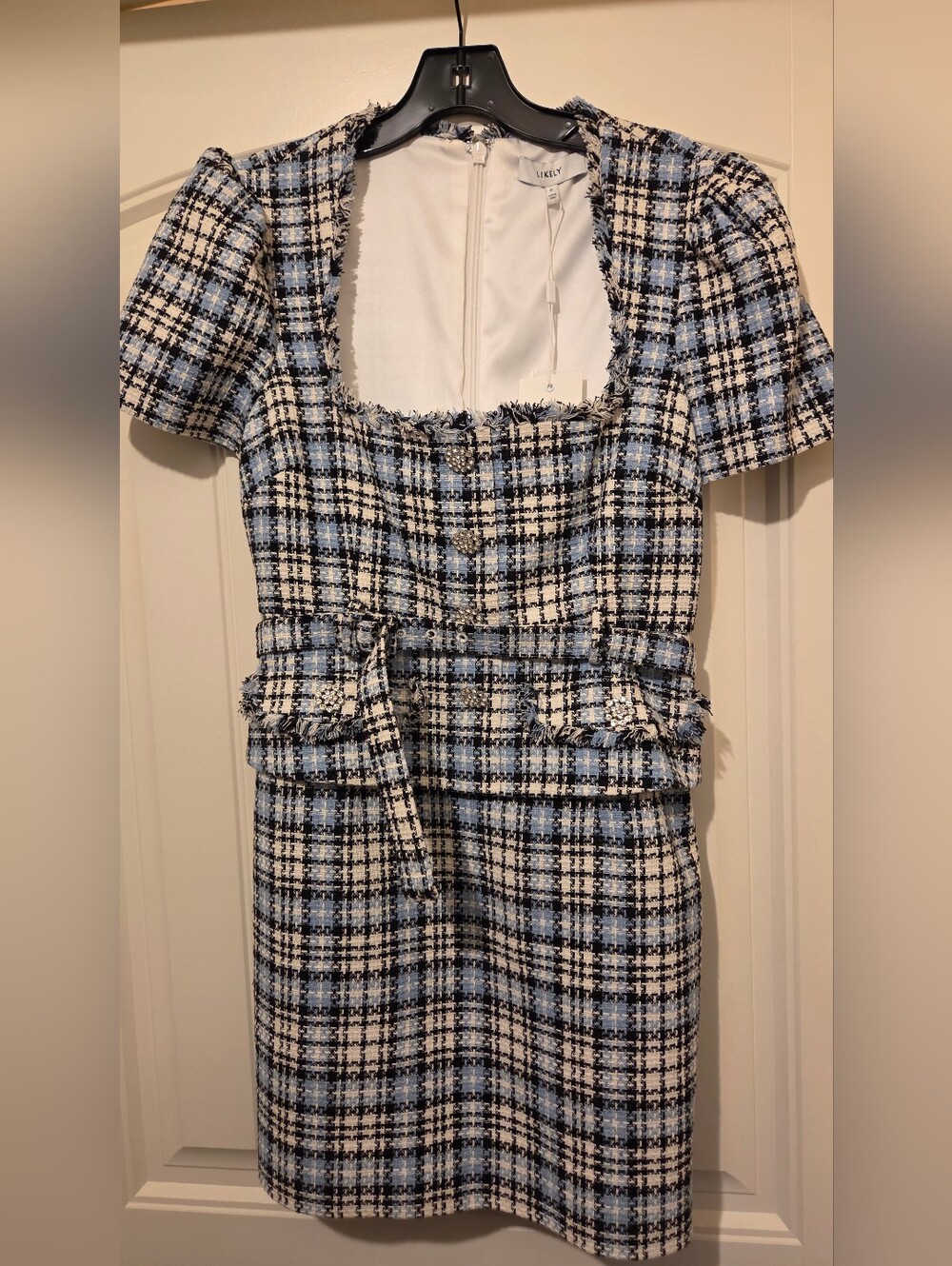 Likely Tweed Fringe Dress in Black, White & Light Blue